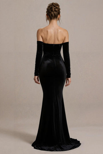 Black Velvet Strapless Mermaid Long Formal Dress with Slit